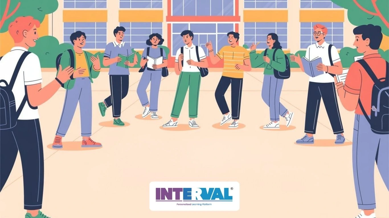 CBSE new exam pattern 2026 group of happy high school students discussing study plans on a campus with books and backpacks, illustrating competency-based learning, internal assessment, and two-exam system, Eduzia Learning