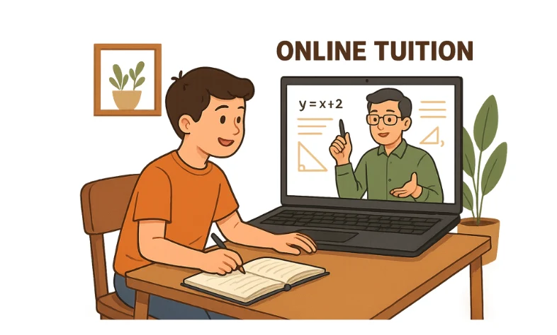 A young boy attends an online tuition class from home, sitting at a desk with a notebook while watching a teacher explain a math concept on a laptop screen.