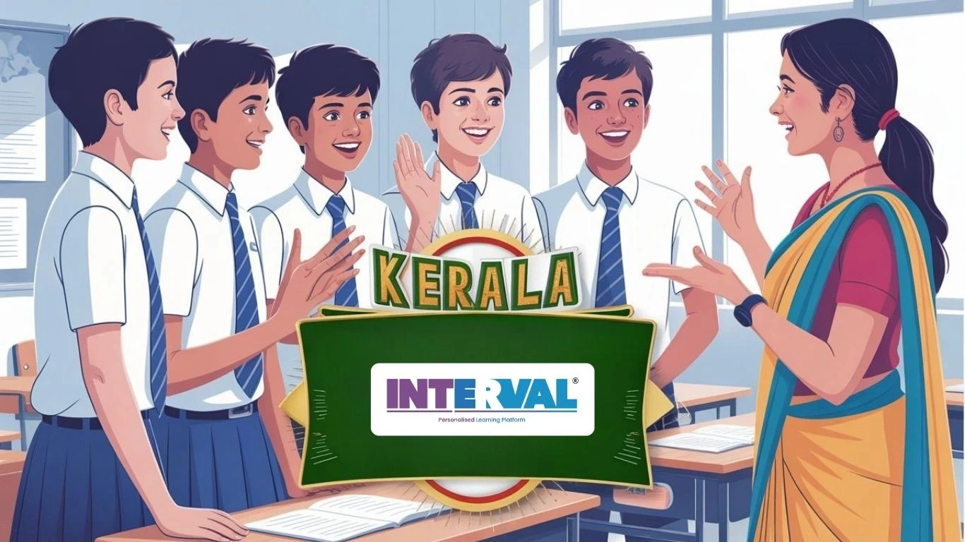 EDUZIA Personalised Learning Platform logo with KERALA text, showing a teacher interacting with students in uniform. Suggests preparation for Kerala board exam 2026.