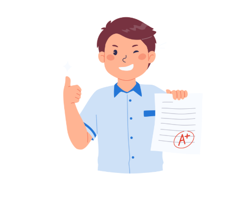 Smiling student holding a paper with an A+ grade and showing a thumbs up.
