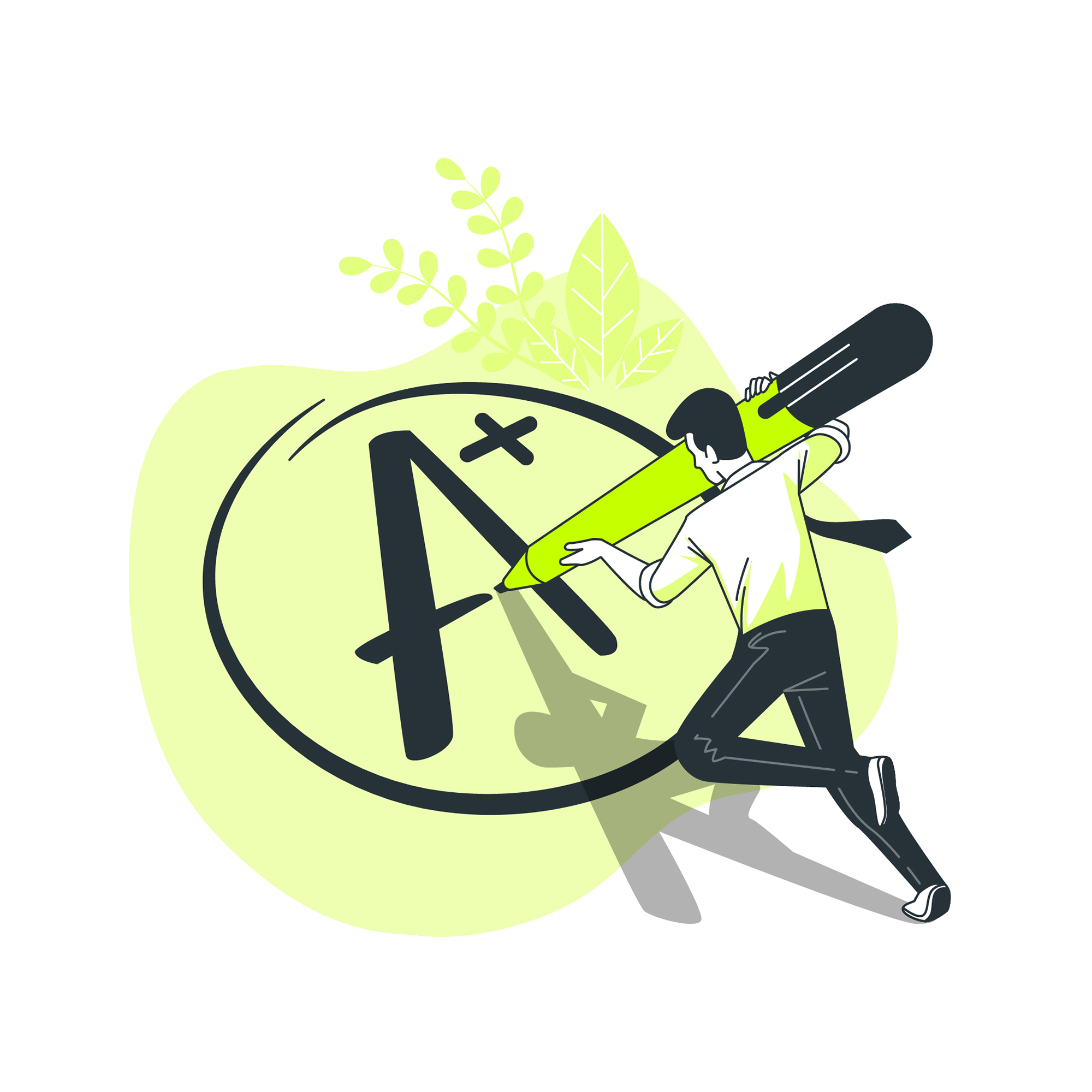 Illustration of a person holding a large green pen, drawing an A+ grade inside a circular outline