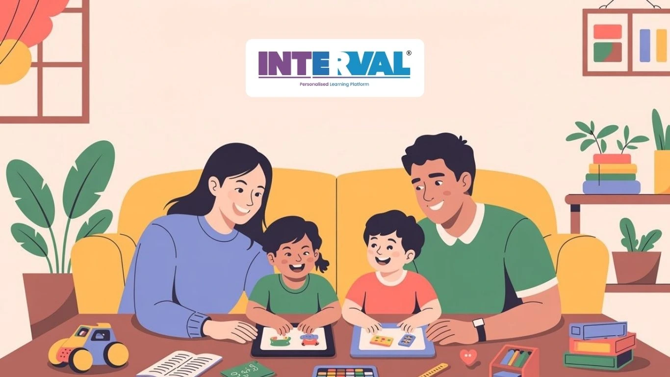 A happy family, with two parents and two children, are engaged in a fun online kindergarten class together.