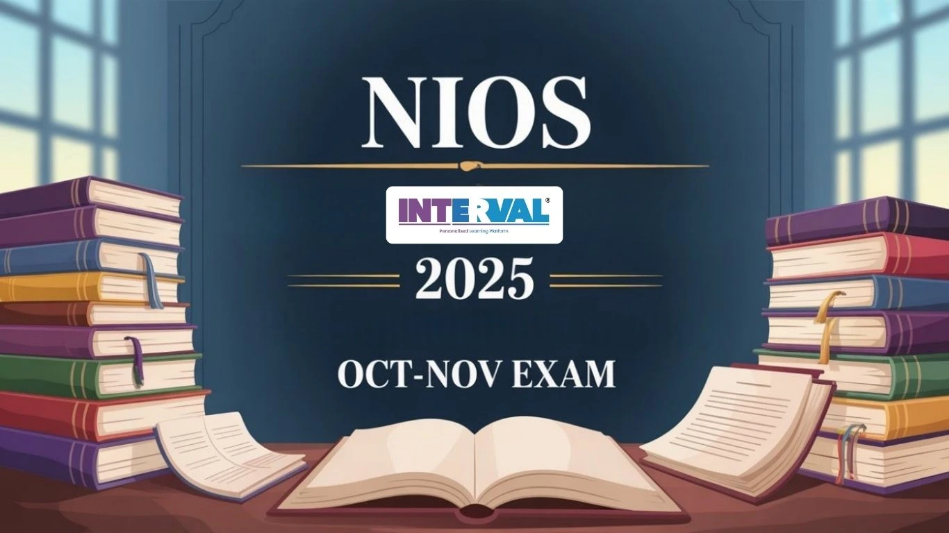 An illustration with books and open paper shows NIOS 2025 Oct, Nov Exam referencing the nios exam date 2025.
