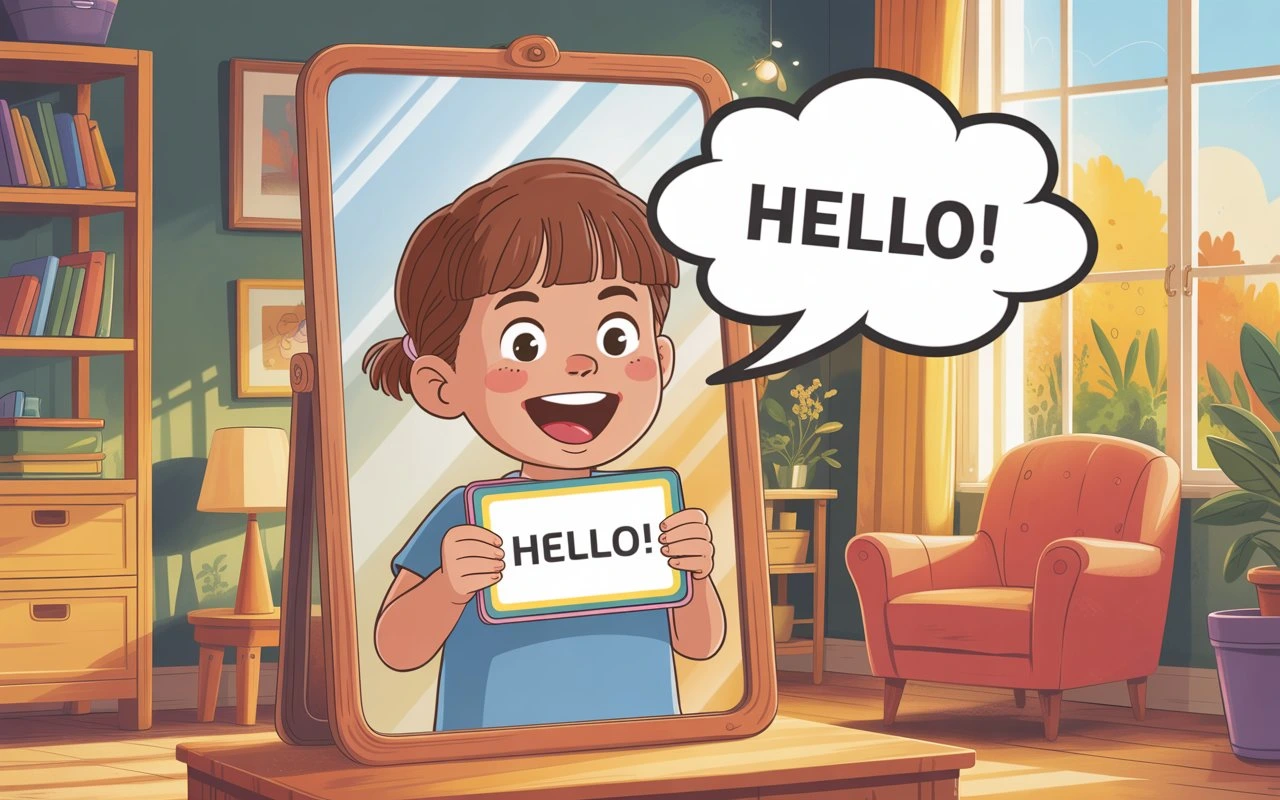 Child practicing in front of mirror saying Hello, a fun way on how to improve English speaking skills at home for kids.