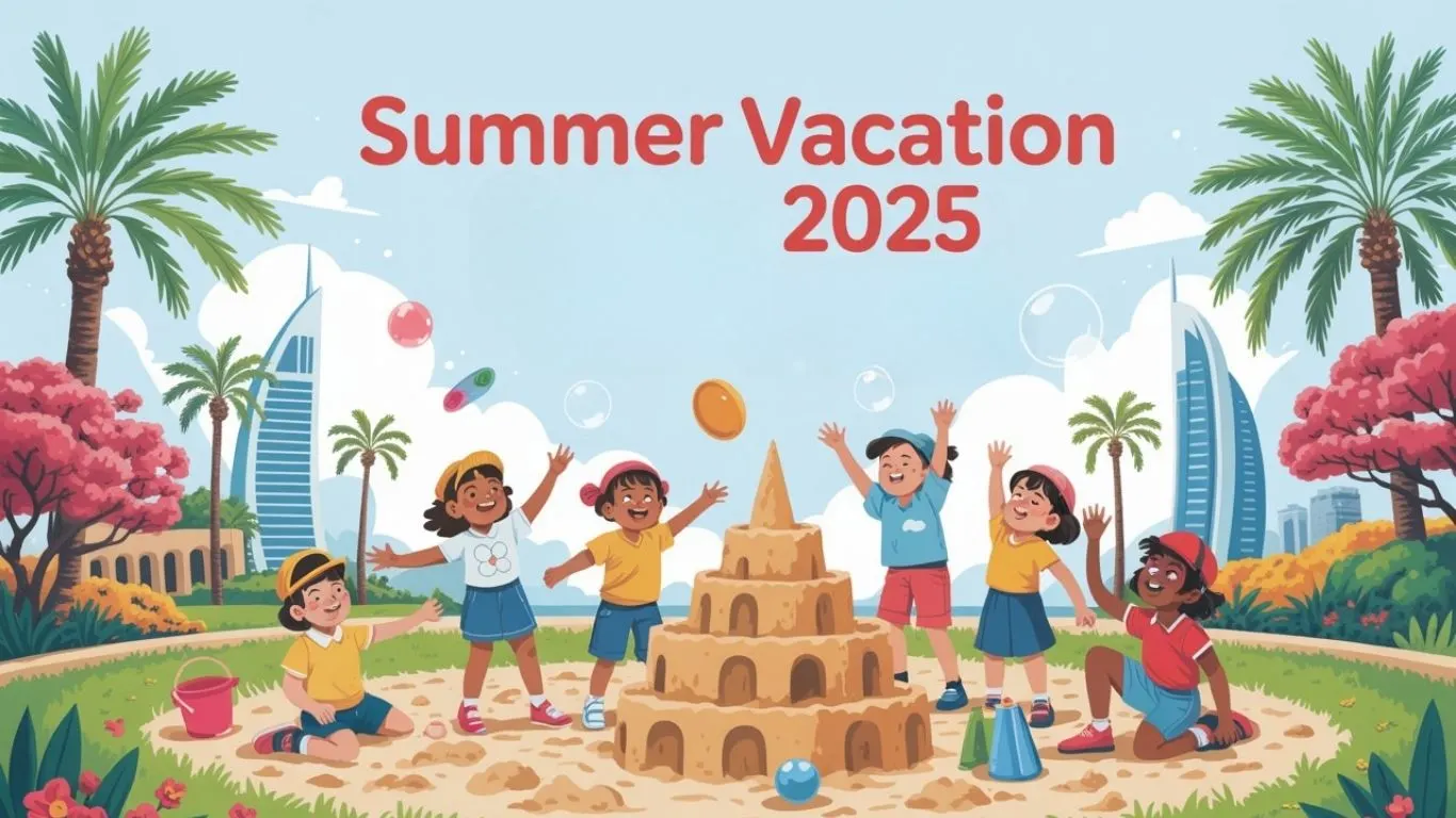 Children building a sandcastle in a Dubai park, celebrating summer vacation in UAE 2025 with joy and play.
