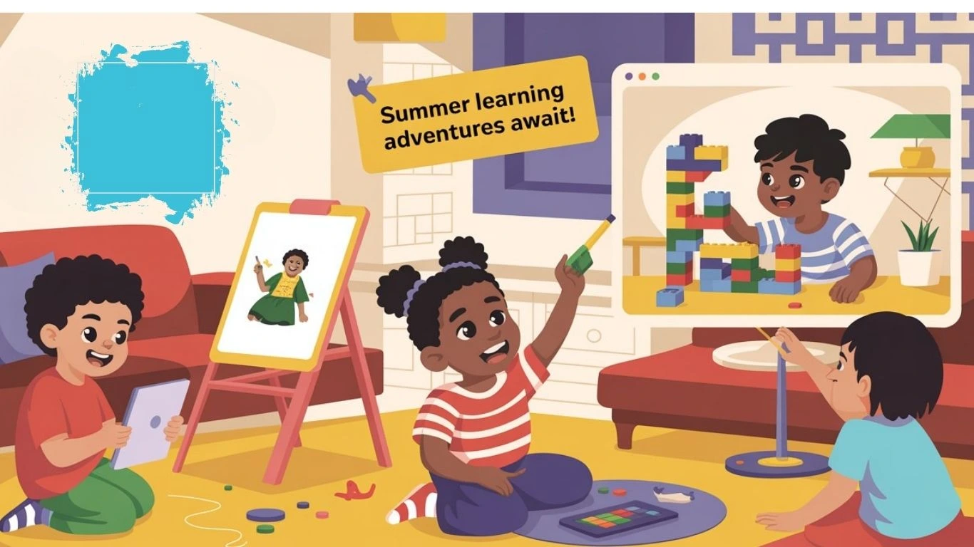 Children engaged in creative summer learning programs in UAE, including art, STEM, and virtual activities.