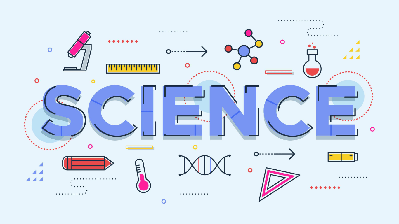 Science-themed design with icons like a microscope, test tube, and DNA around the word 'SCIENCE'.