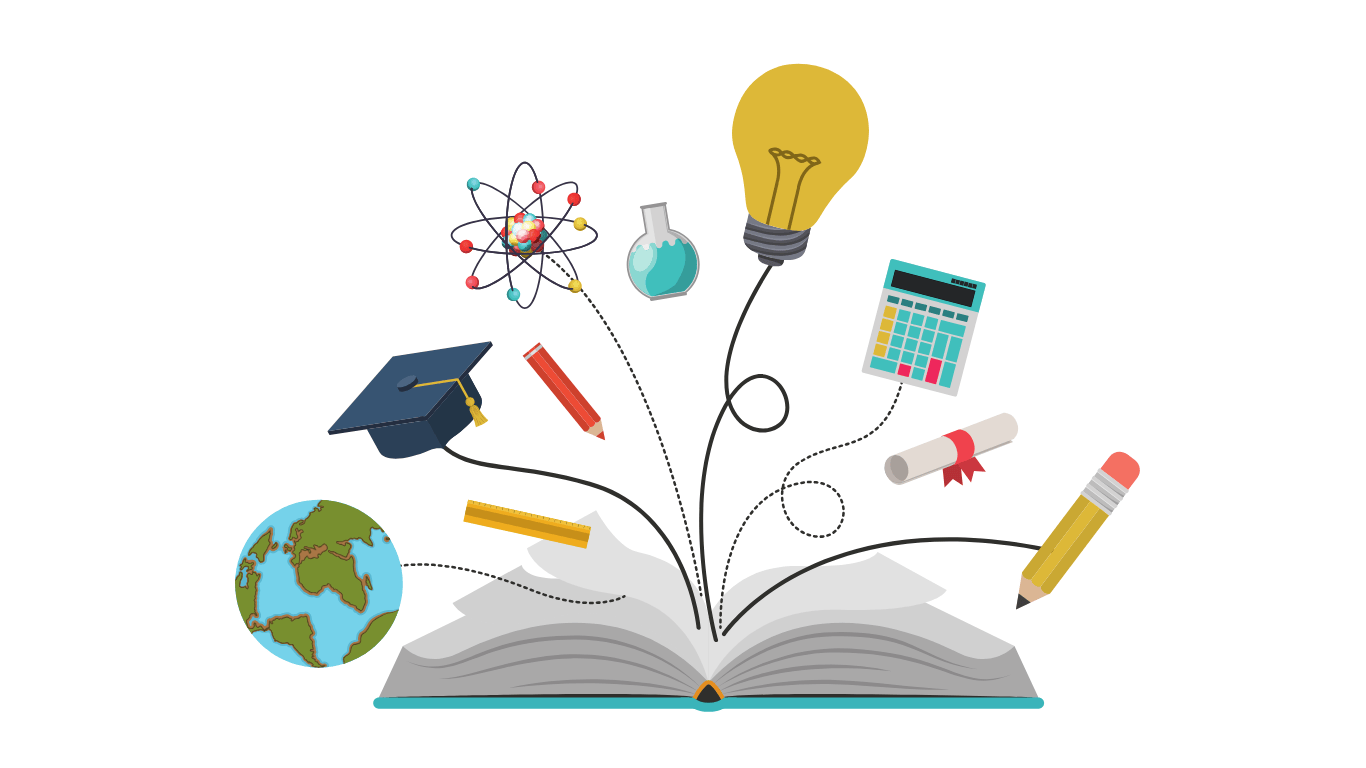 An open book with educational icons like a globe, light bulb, graduation cap, and calculator, symbolizing learning.