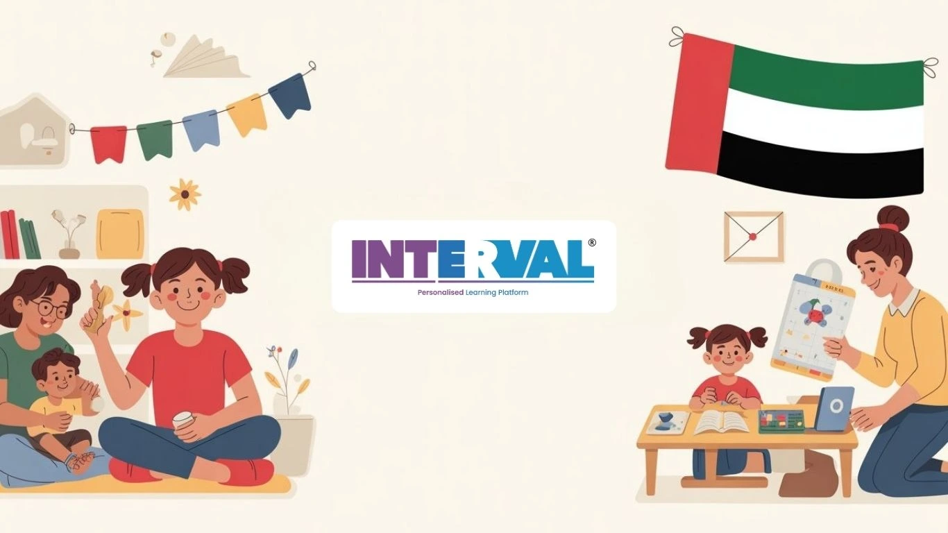 Digital illustration showing two learning scenes with children and adults, and the UAE flag, focused on a personalised learning platform.