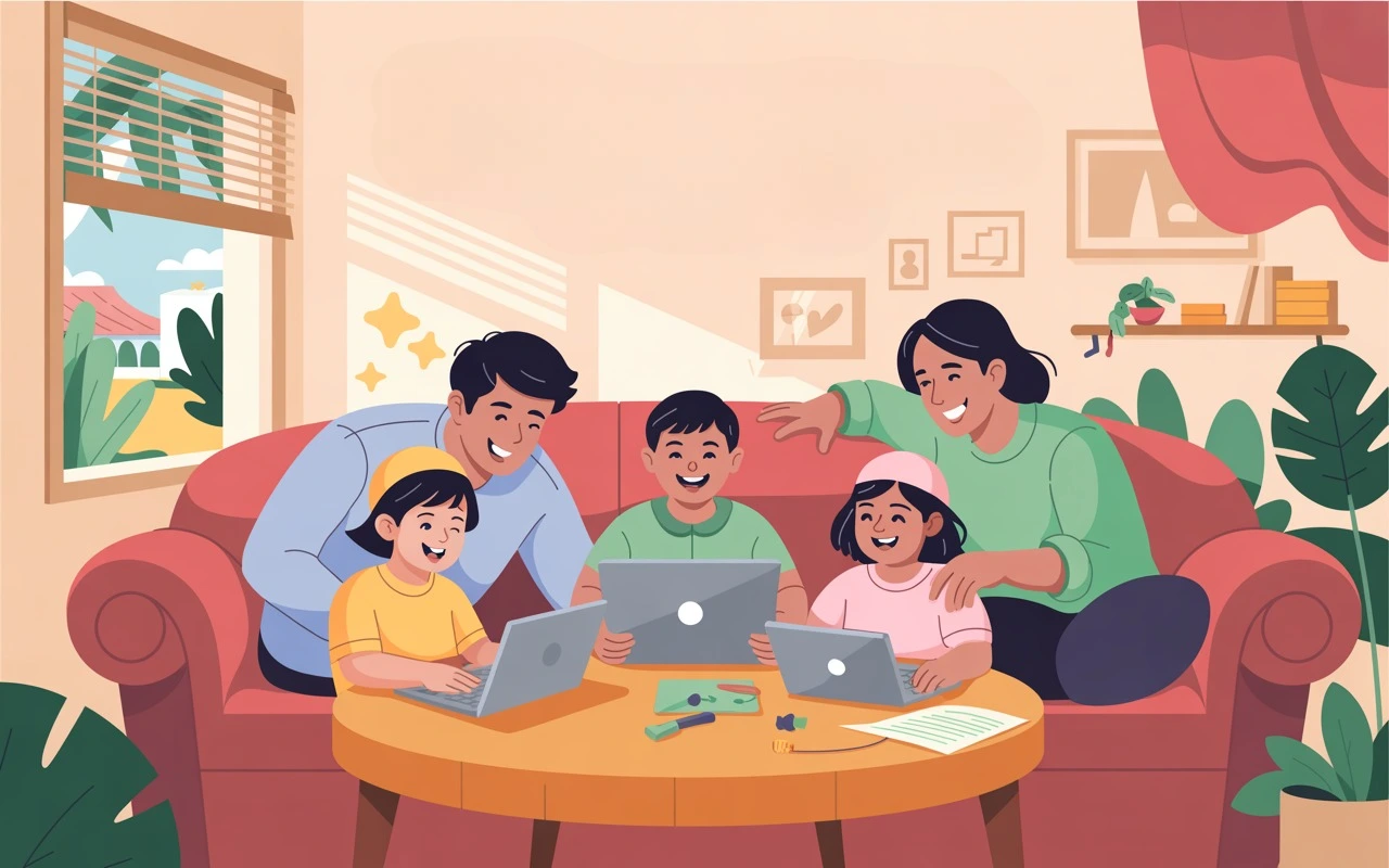 Family enjoying online educational summer camps GCC 2025 with kids learning from laptops at home in a fun environment.