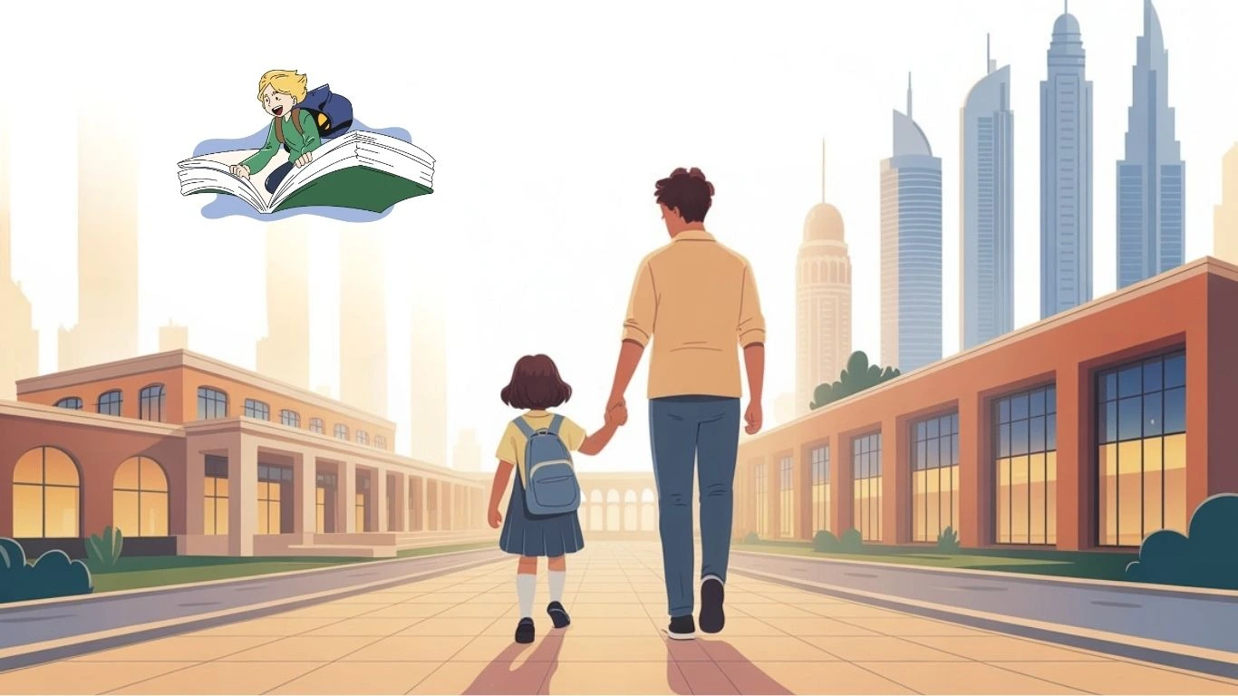 Father and daughter walking to school in Dubai cityscape, representing UAE academic calendar 2025 planning.
