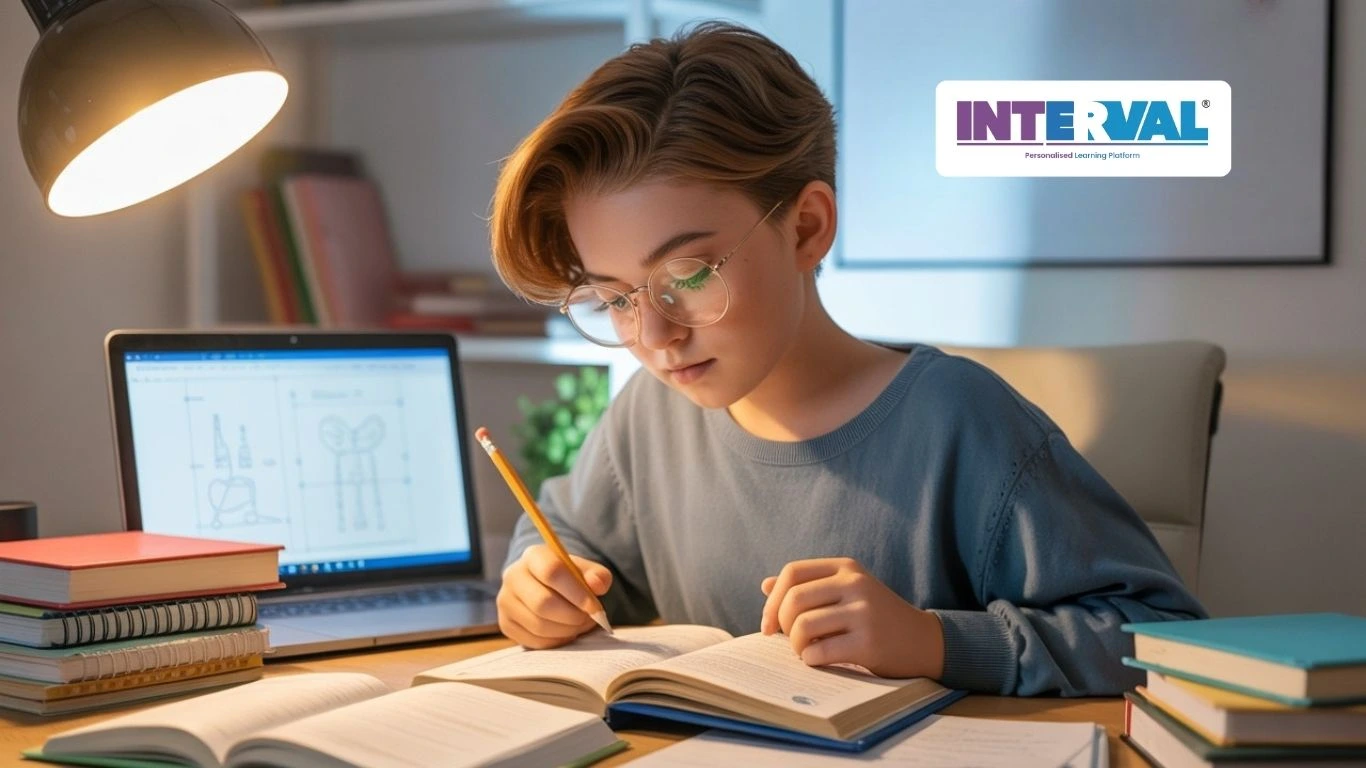 Focused student studying science with books and laptop at desk, learn how to be good at science with effective study methods.