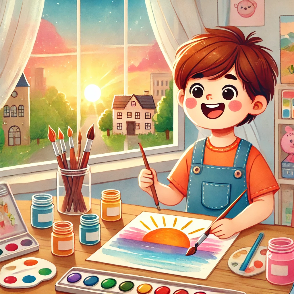 Smiling child painting a colorful sunset at a desk filled with art supplies, with a scenic view of the sun setting outside the window.
