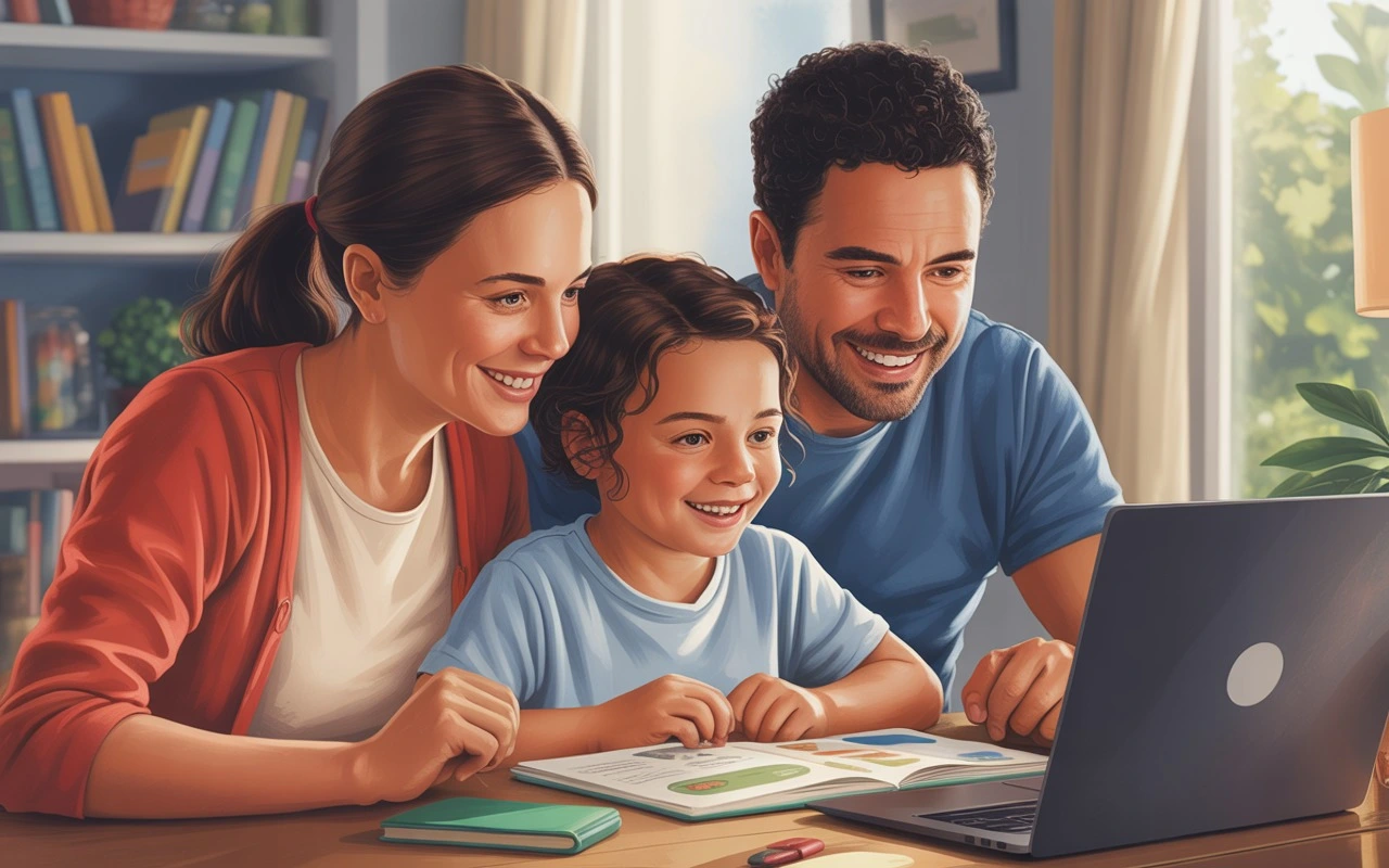 Happy family exploring what is online schooling together at home using a laptop and learning materials.