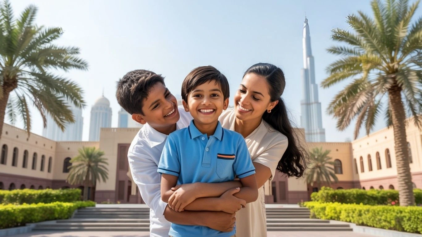 Happy family outside school in UAE, symbolizing academic planning with Indian school calendar UAE 2025–26