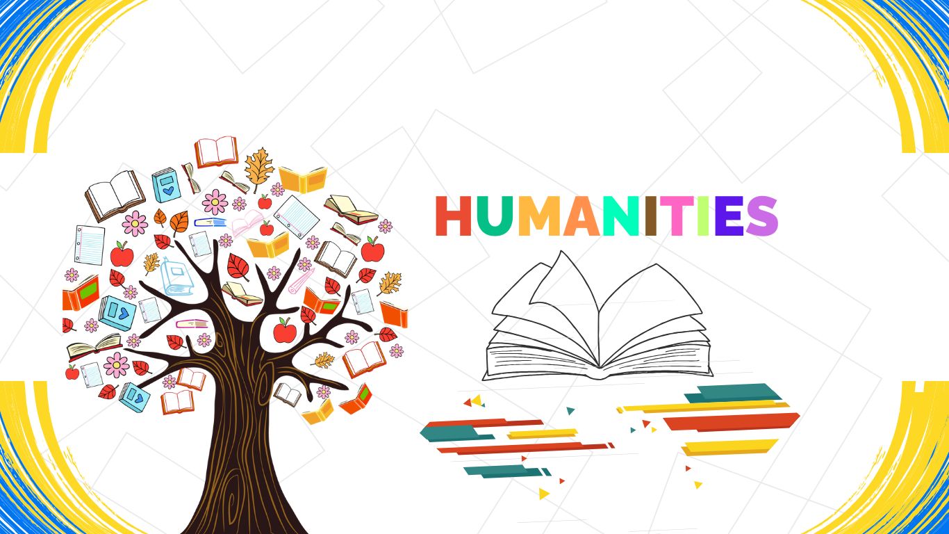 Illustration of a tree with books and apples on its branches, representing knowledge, next to the word "HUMANITIES" in colorful letters and an open book with abstract colorful lines.
