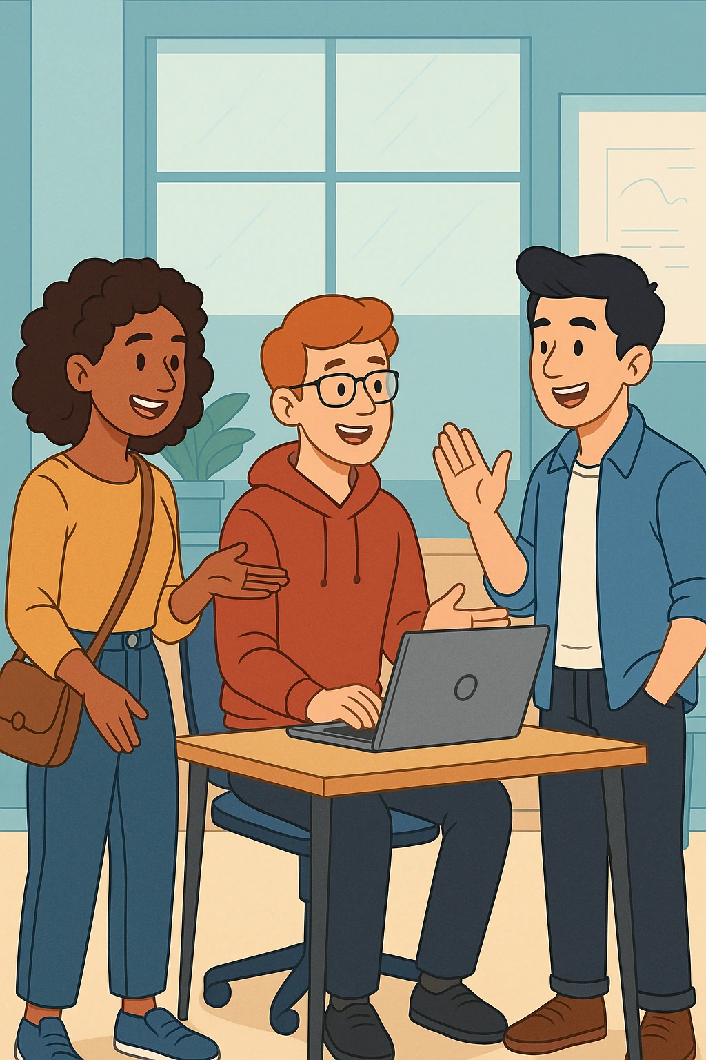 Illustration of diverse students having a friendly discussion at work, showing collaboration in an online spoken English course.