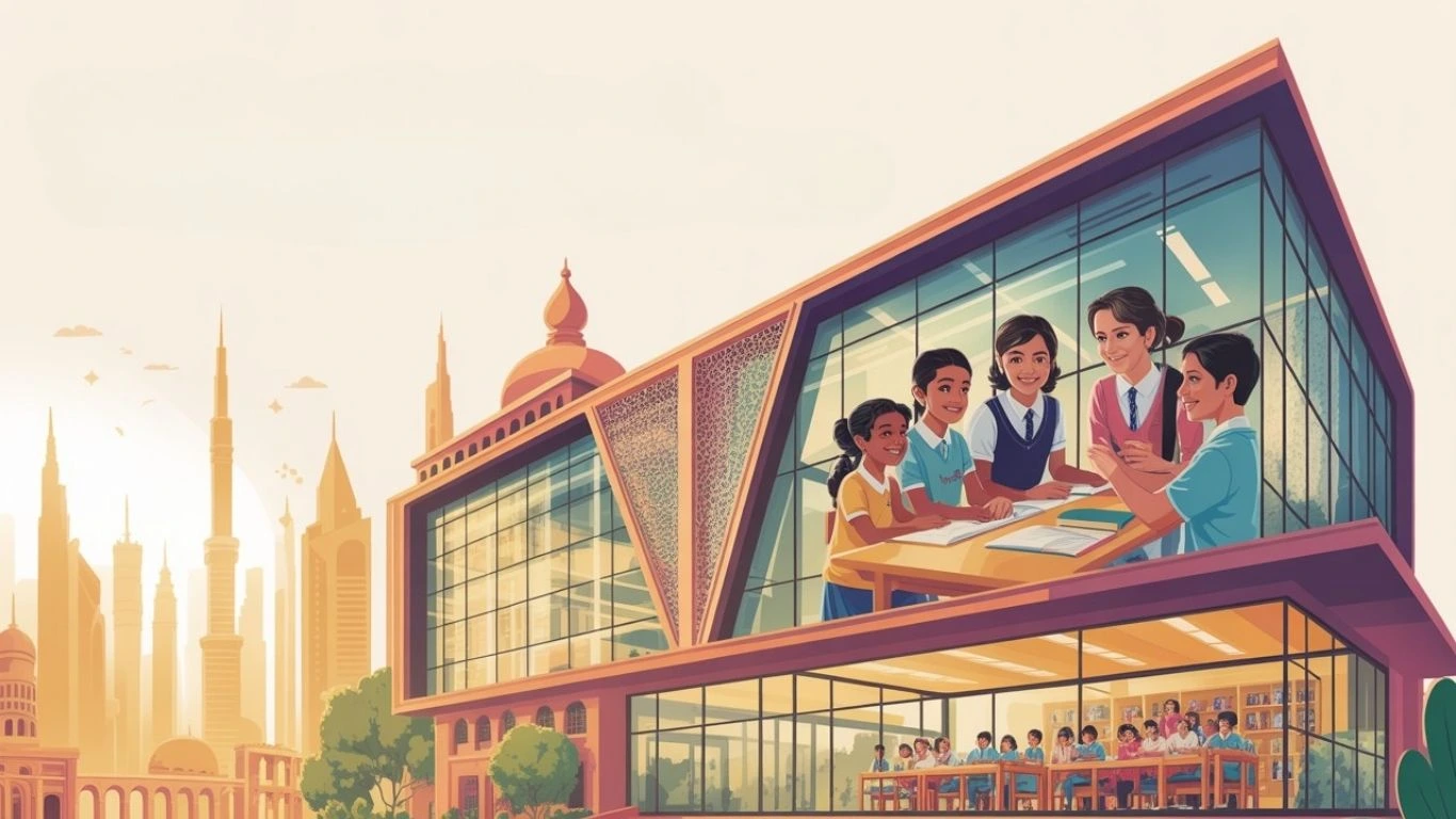 Illustration of modern campus with students and teacher, representing top Indian schools in UAE and academic success
