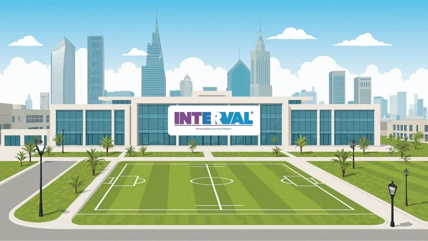 Modern campus of one of the best CBSE schools in Dubai UAE with a football field and city skyline in the background.