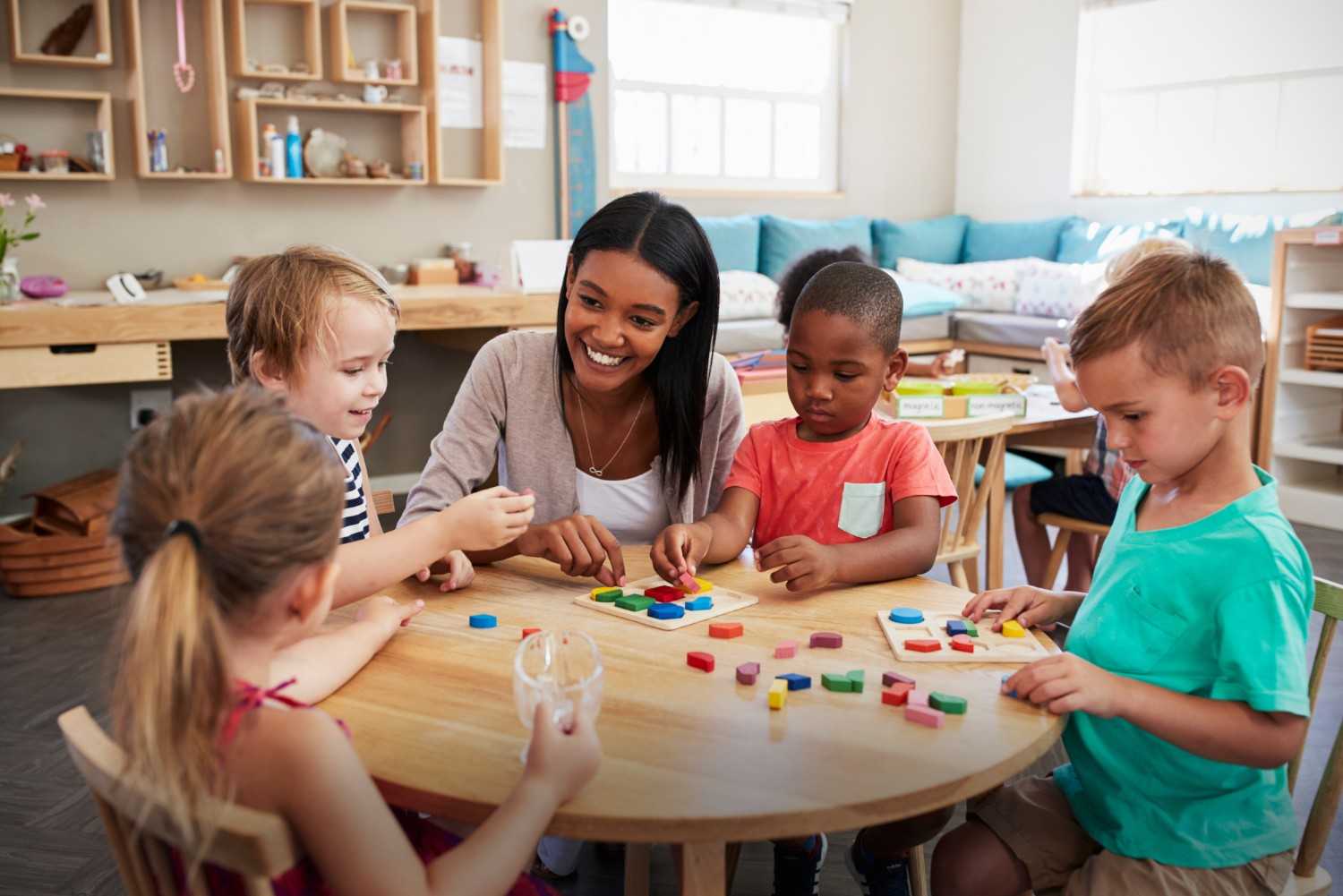 Montessori teacher with students