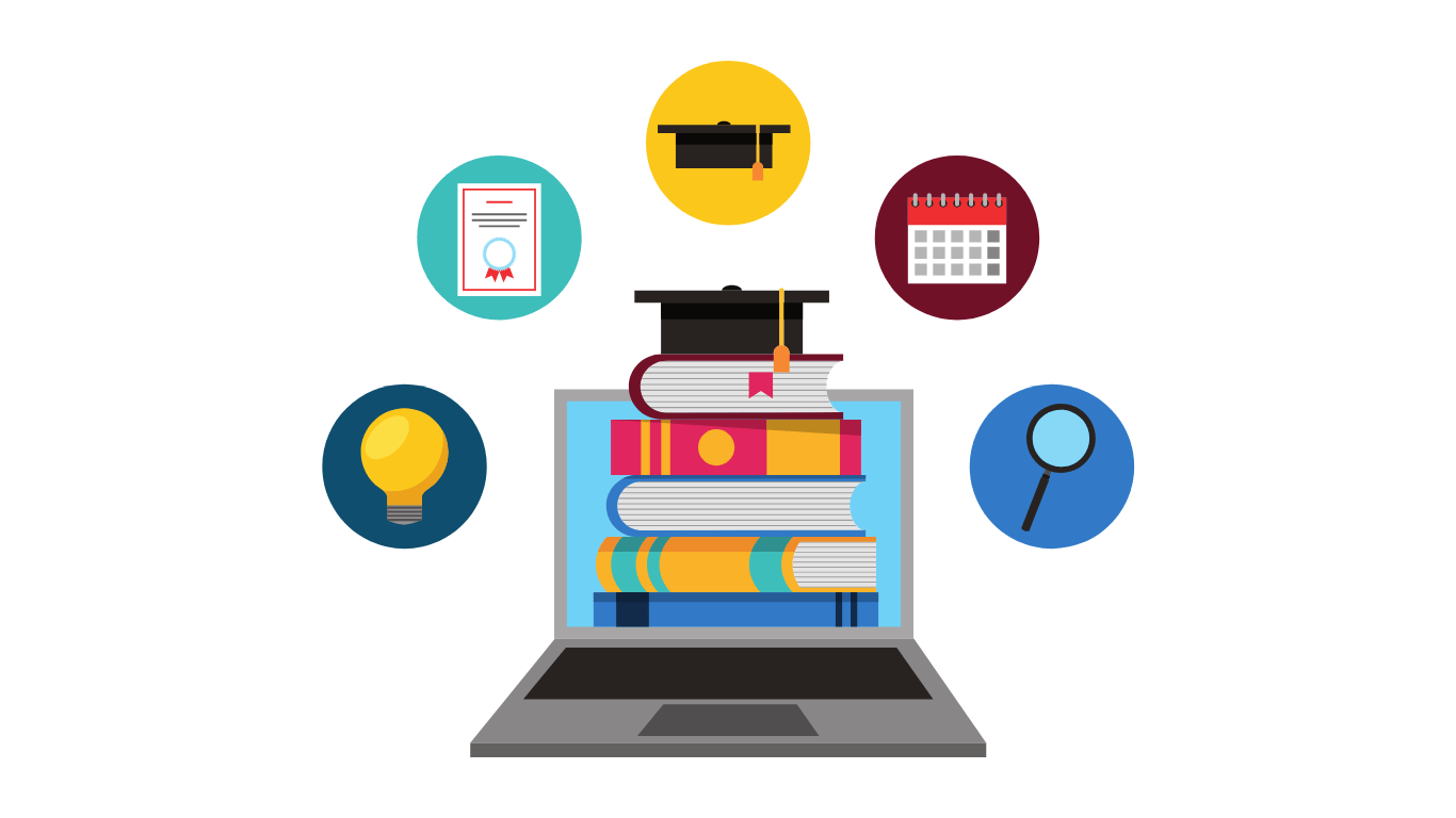 A digital illustration representing online education, featuring a laptop with stacked books and a graduation cap on top. 