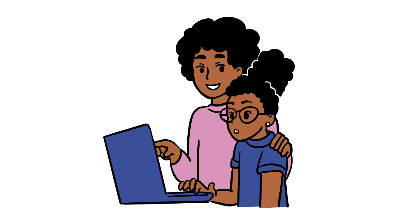 llustration of a smiling adult guiding a child using a laptop, symbolizing learning or online education.