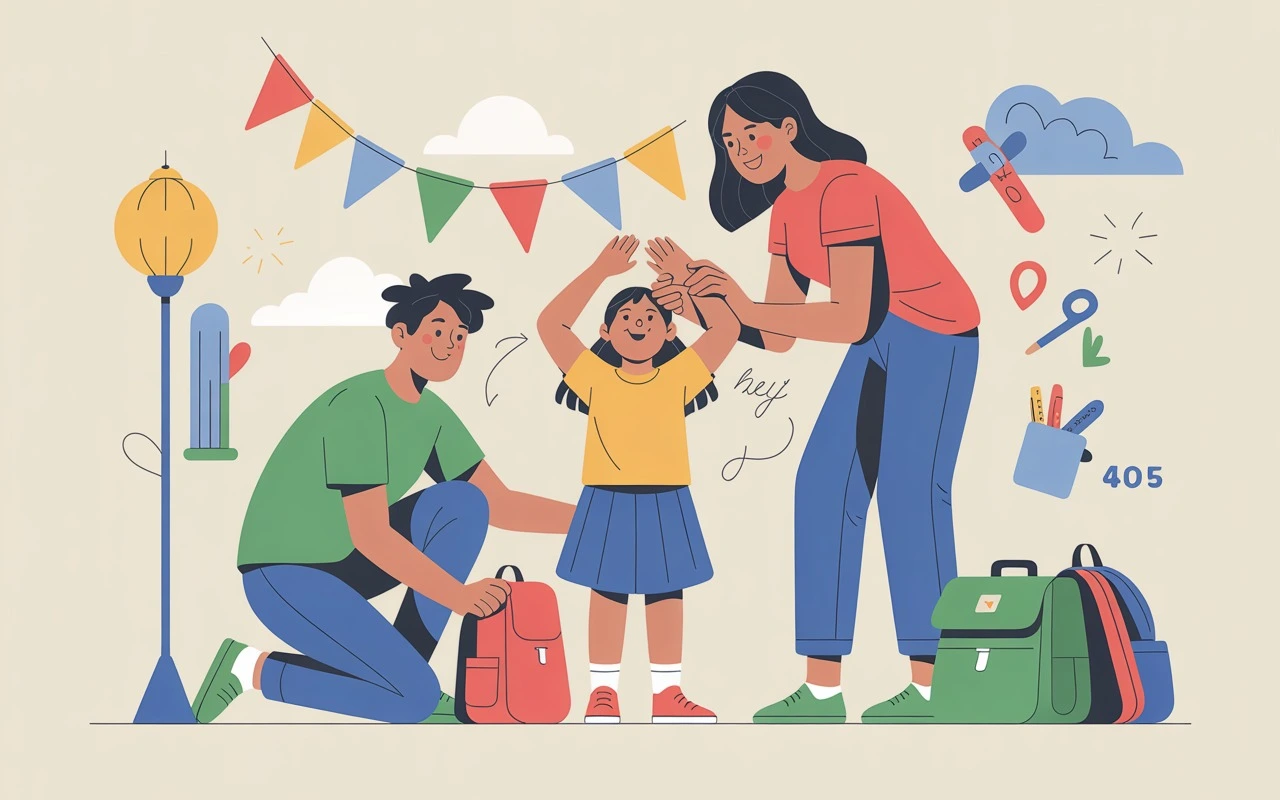 Parents helping child get ready with backpack for first day of school activities, surrounded by cheerful school icons.