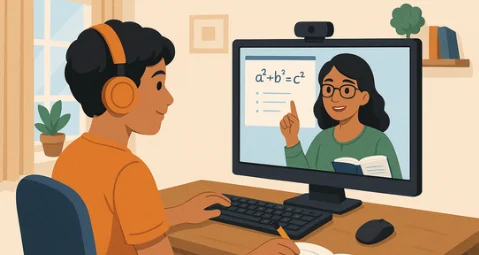 A young boy wearing headphones attends an online tuition class from home, interacting with a female teacher displayed on a computer screen who is explaining a math formula