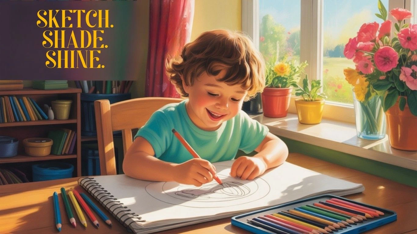 Smiling child using colored pencils to practice drawing methods and techniques at a sunny art desk.
