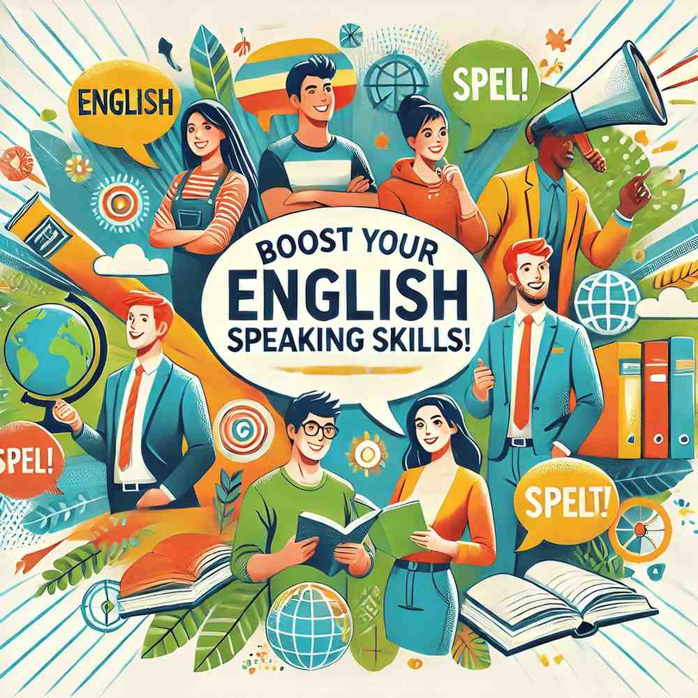 An illustration showing a diverse group of people confidently speaking in English, surrounded by books, speech bubbles, and a globe, symbolizing communication and global reach just like a spoken english classes online method.