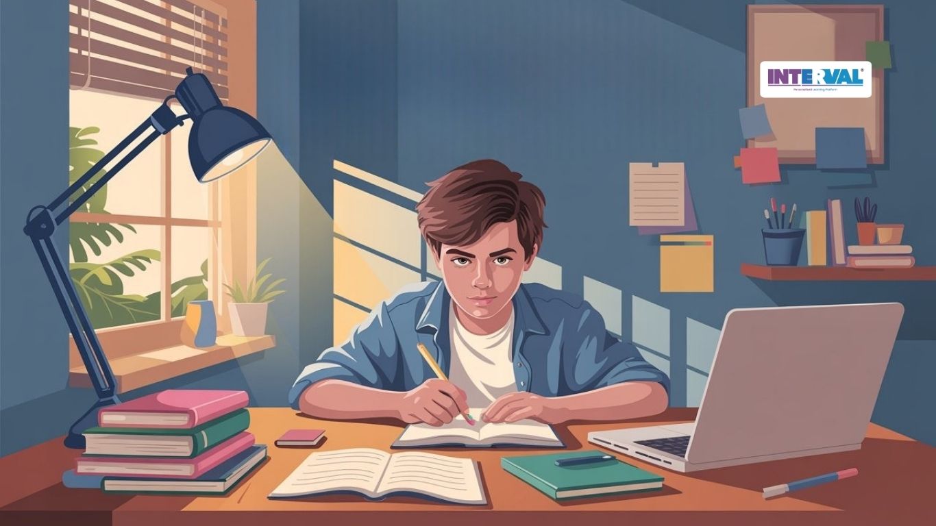 Student studying at a desk with books and laptop, focused on exam revision. how to concentrate on exam preparation.