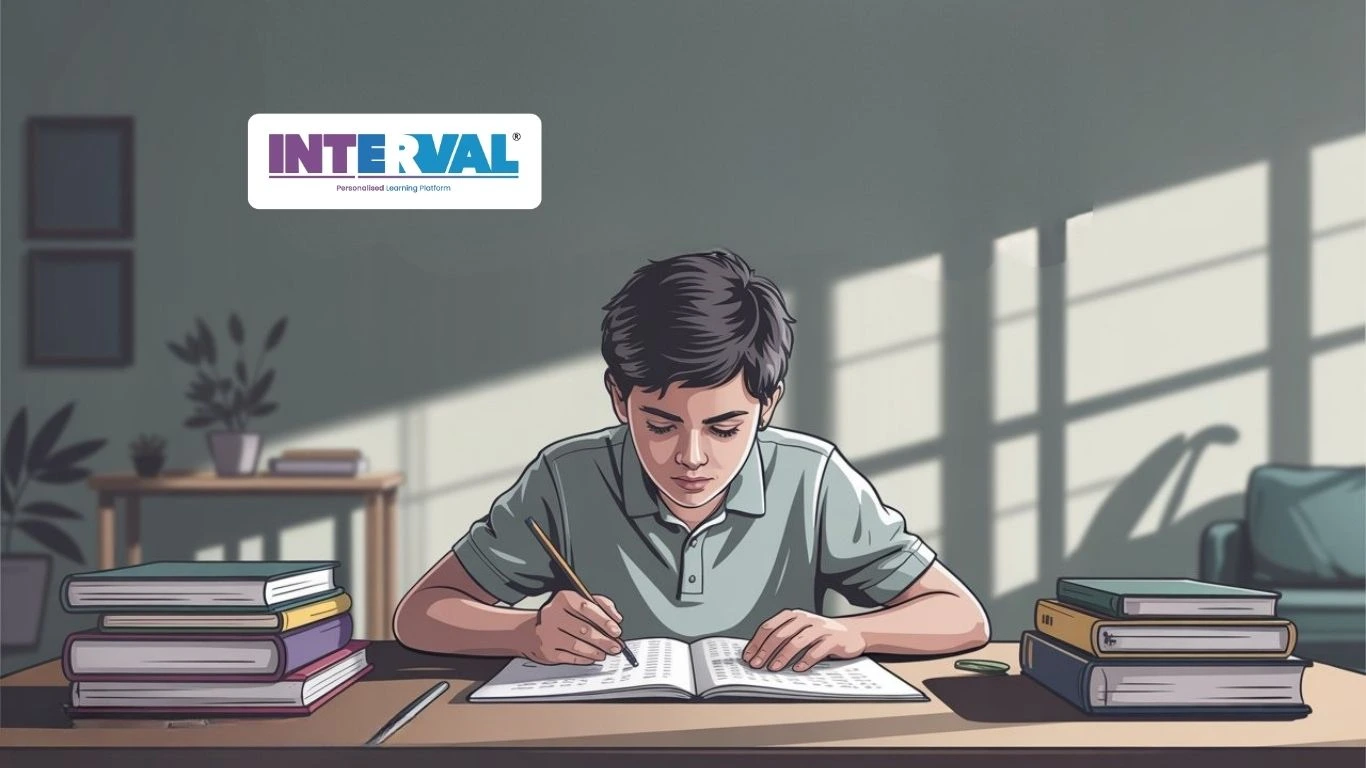 Student studying with books for Kerala SSLC first term question paper Class 10 2025 preparation at home with focus and determination.