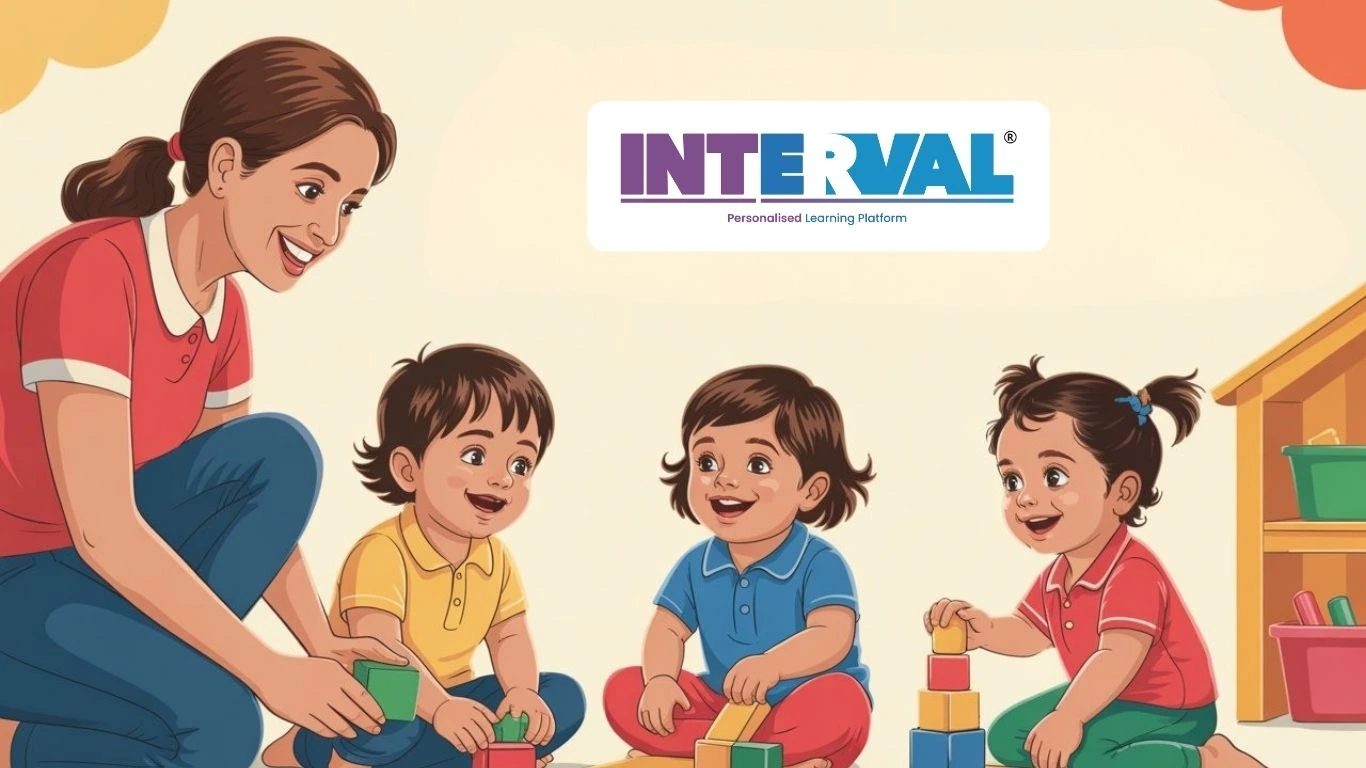 Teacher playing with toddlers using blocks, promoting early childhood education in India through play-based learning.