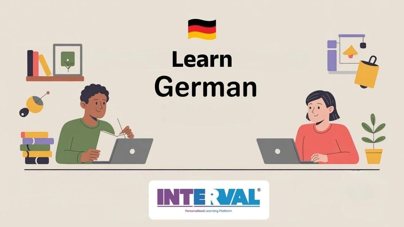 Two students studying German books and flashcards with the title how much time it takes to learn German on screen