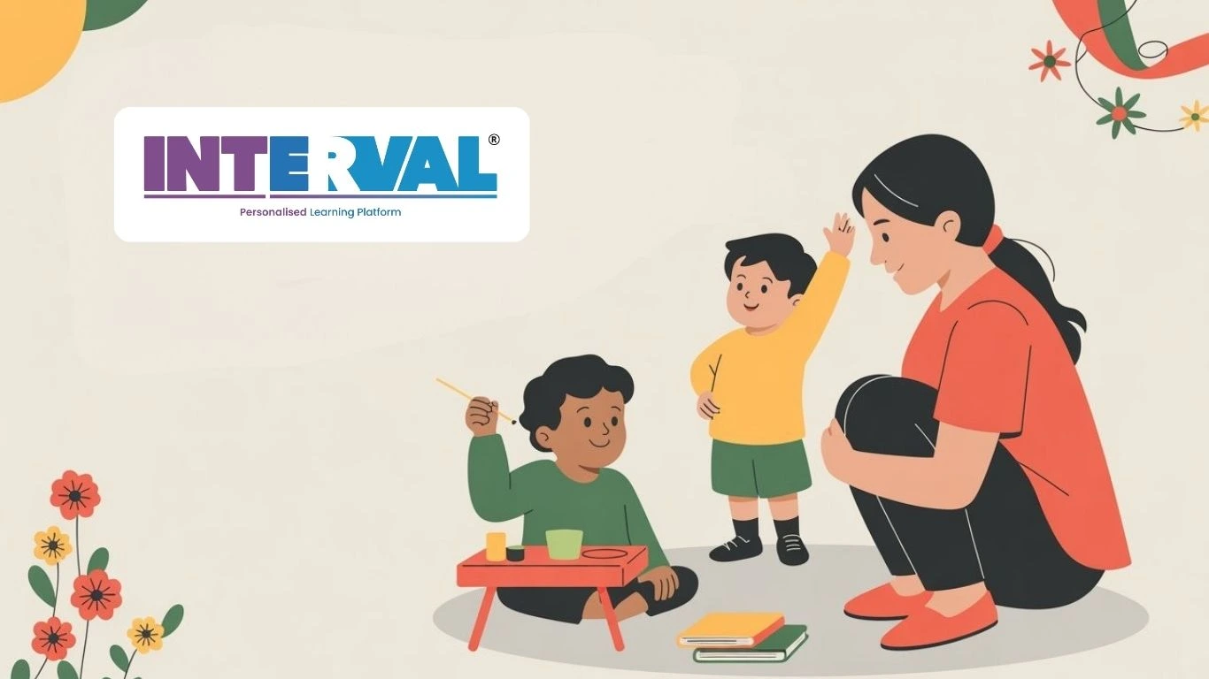 An illustration of a teacher engaging with two young students, suggesting professional training like an online ttc course in kerala.