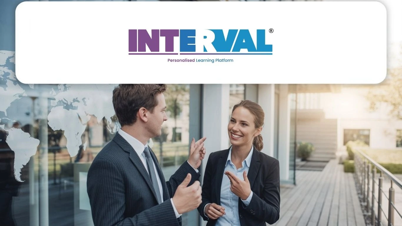 Two professionals discussing language learning with Eduzia Learning platform, highlighting the topic of how many countries speak German and its global importance in business, education, and culture.