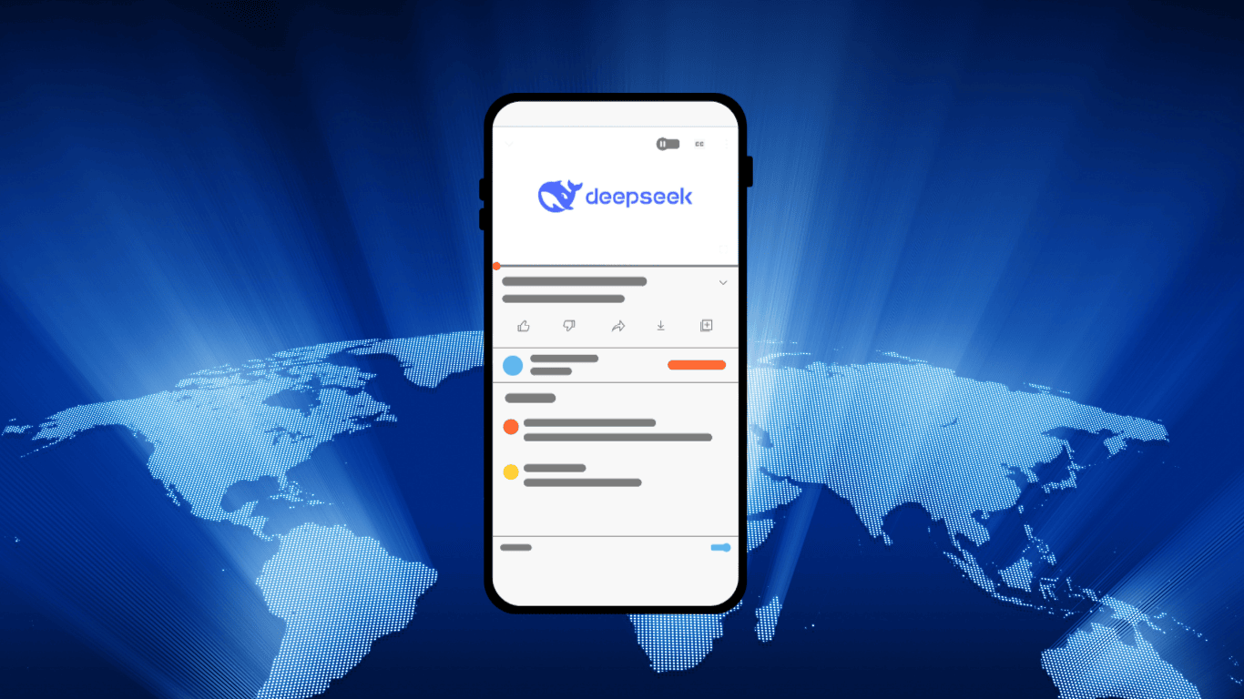 A smartphone displaying the "deepseek" logo and a user interface with text, icons, and colored markers, set against a digital world map with a blue glowing background.