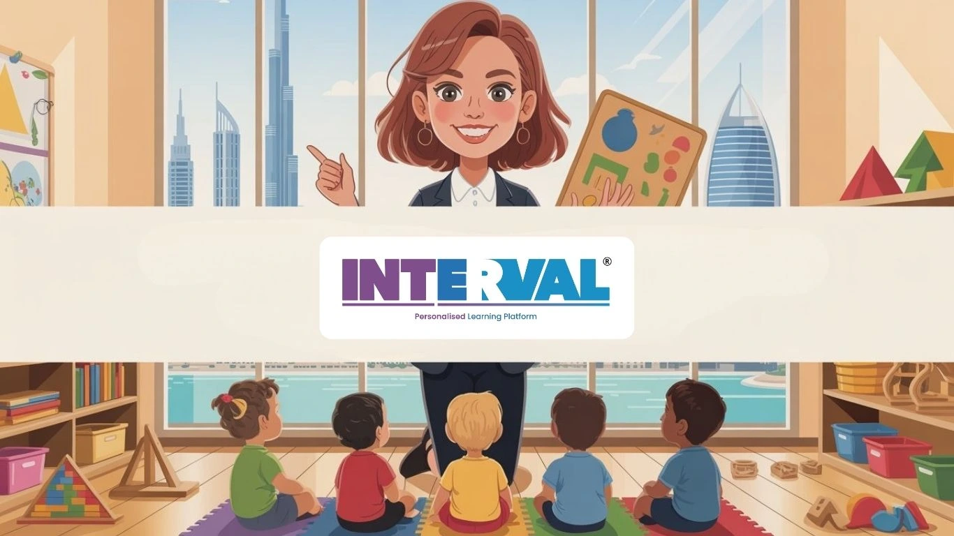 EDUZIA logo, a female teacher instructing young students in a classroom with a Dubai cityscape visible. Relevant for Montessori teacher vacancy in Dubai.