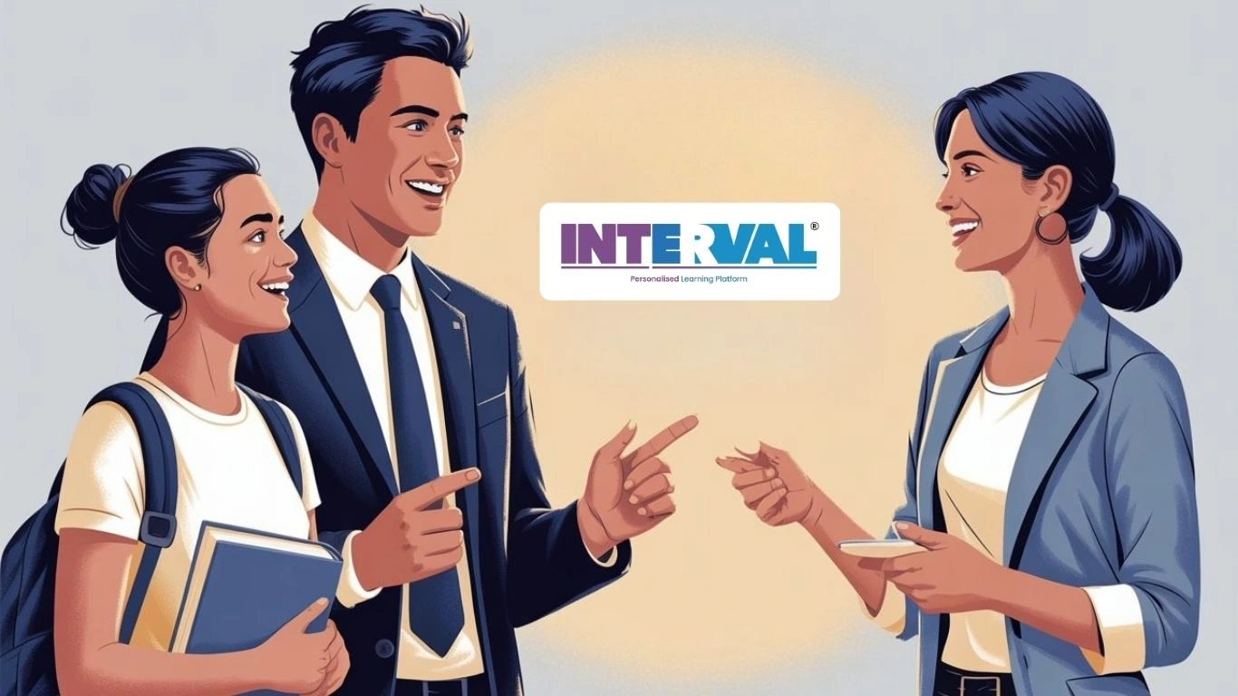  Three smiling professionals are conversing, with the "EDUZIA" logo, suggesting skills like english fluency kerala jobs require.