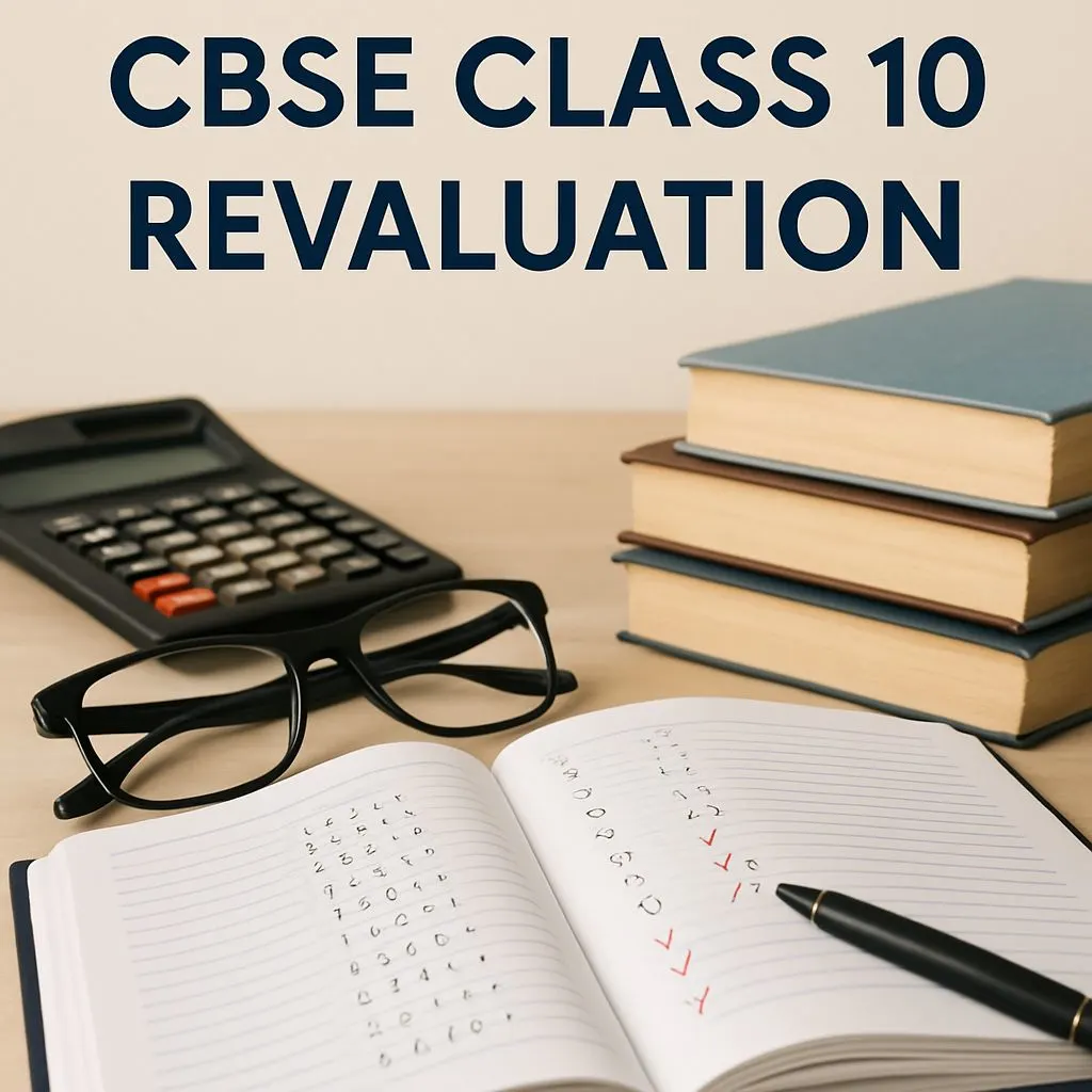 Open notebook with marked answers, pen, eyeglasses, calculator, and stacked books on a desk, with the title “CBSE Class 10 Revaluation”&nbsp;above.