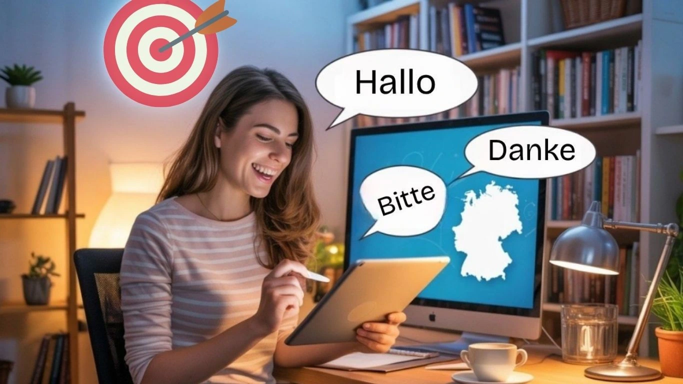 Woman using a tablet to learn German in 30 days with visual tips, speech bubbles, and a German map on screen.