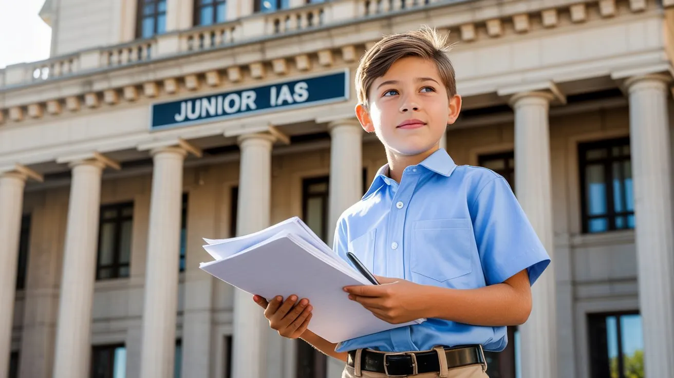 A confident young boy in a blue shirt holding a stack of papers and a pen, standing in front of a building with tall columns and a sign that reads&nbsp;"JUNIOR&nbsp;IAS."