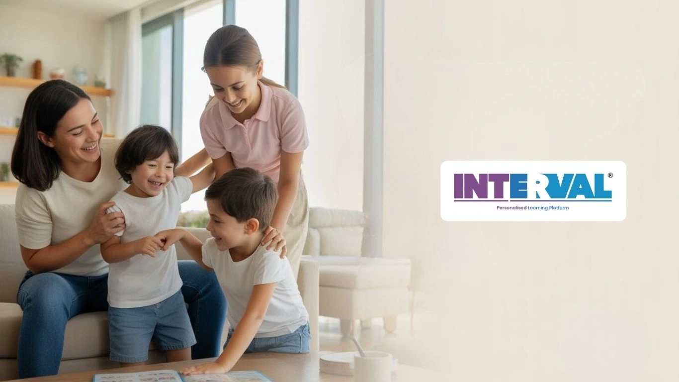 Happy family with two kids and teacher at home learning activity — how to apply KG admission Dubai guide for parents on Eduzia platform.