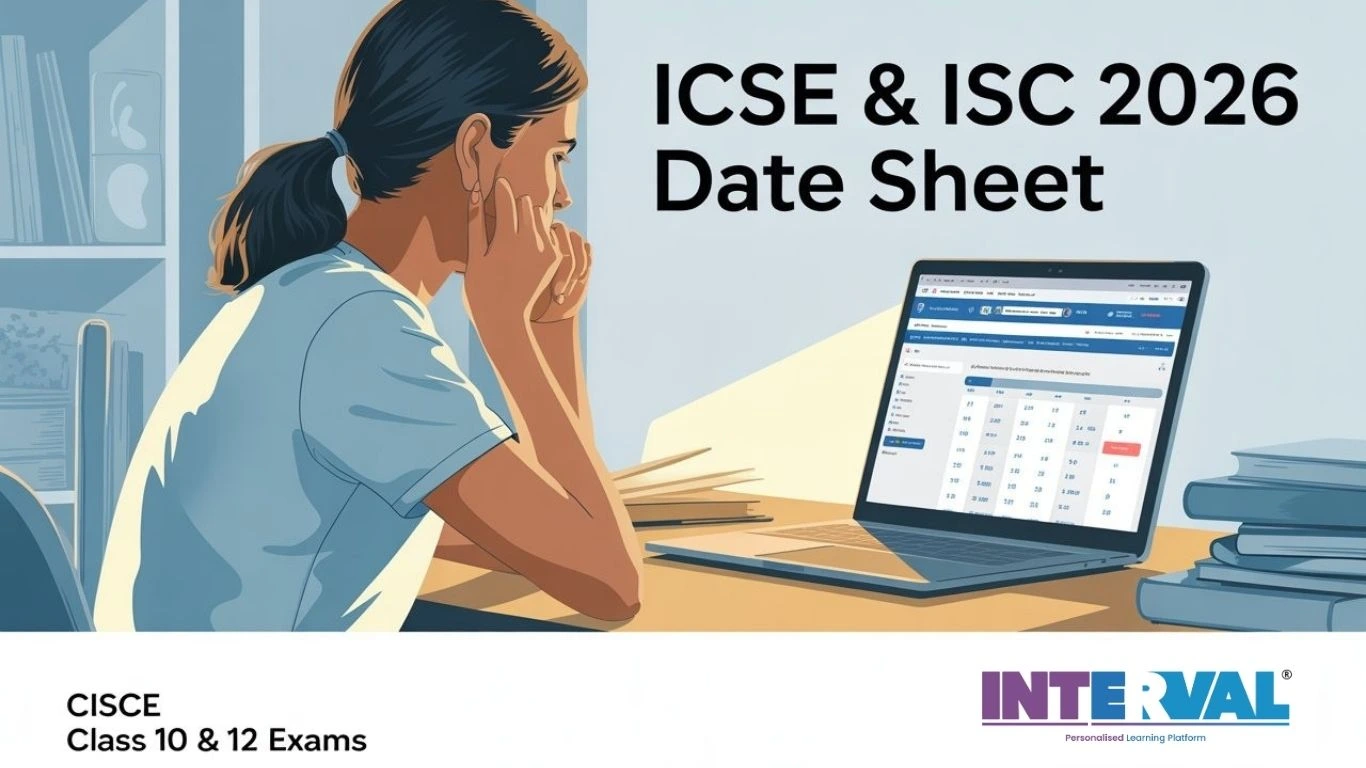 CISCE date sheet 2025-26 A student checks the ICSE & ISC 2026 exam schedule on a laptop. The Eduzia logo is in the corner.