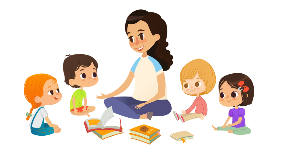 a teacher and students interacting in a kindergarten classroom