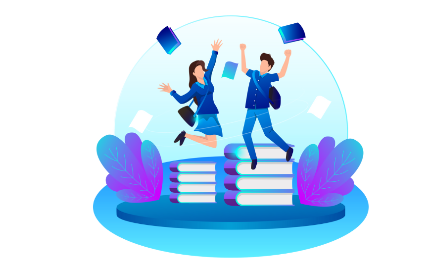 Illustration of two students in school uniforms jumping with joy on stacks of books, celebrating success in education.
