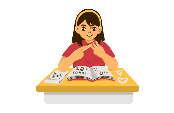 Illustration of a smiling girl studying math at a desk, counting on her fingers with open books and geometric tools in front of her.