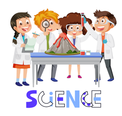Group of enthusiastic children in lab coats conducting a volcano science experiment at a table, with colorful word "SCIENCE" displayed below them
