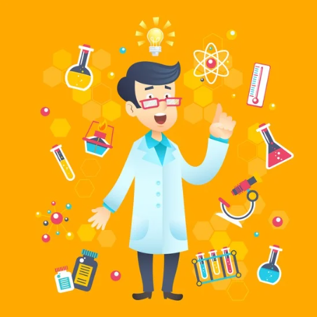 A happy scientist in a lab coat surrounded by science icons like test tubes, a microscope, and a light bulb, symbolizing discovery and tips to study science easy