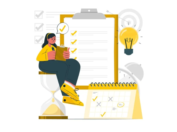Illustration of a student planning their study schedule, featuring a checklist, calendar, hourglass, and a glowing light bulb symbolizing ideas and time management.